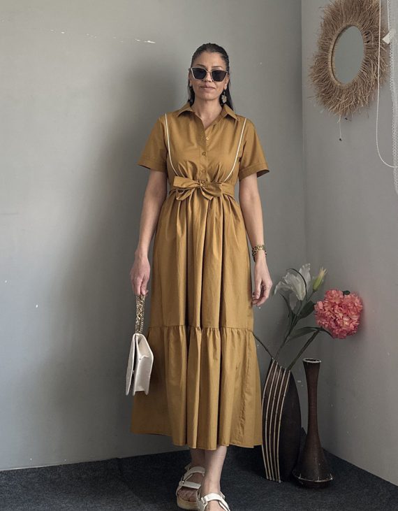 Kurtarıcı Gümüş Sim Biyeli Pamuklu Tok Poplin Kemerli Hardal Sarı Elbise