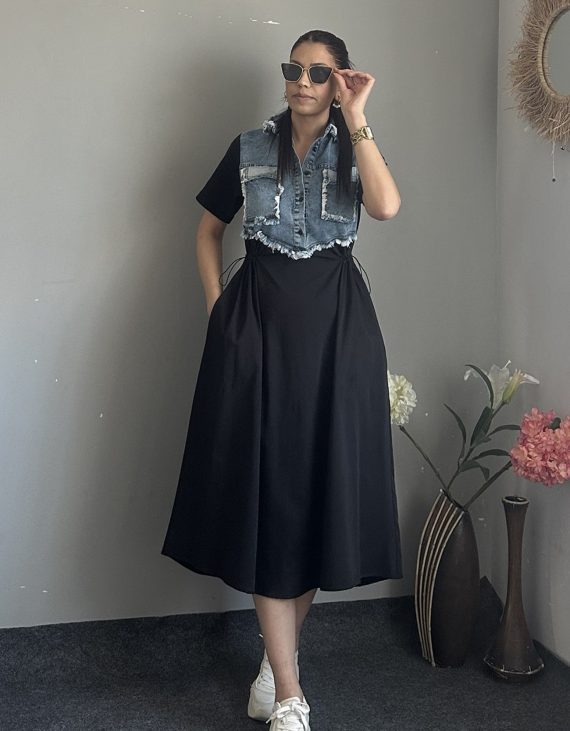 Tasarım Üst Deniem-Kot Detaylı Belden Beden Ayarlamalı Pamuklu Tok poplin Siyah Elbise