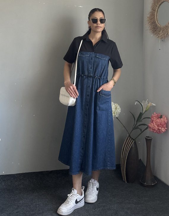 Tasarım Üst Kısmı Siyah Gömlek Yaka Beli Lastik Büzgülü Cepli Önü Komple Siyah Düğme Detaylı Deniem Kot Elbise