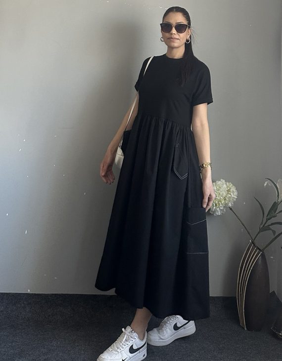 Minnoş Tensel Kot Detaylı Cepleri Beyaz Dikişli Pamuklu Siyah Penye Elbise