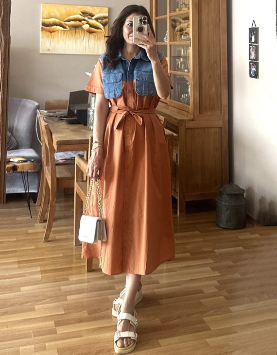 Üst Deniem-Kot Detaylı Önü Komple Düğmeli Tasarım Turanj Renk Tok Poplin Elbise