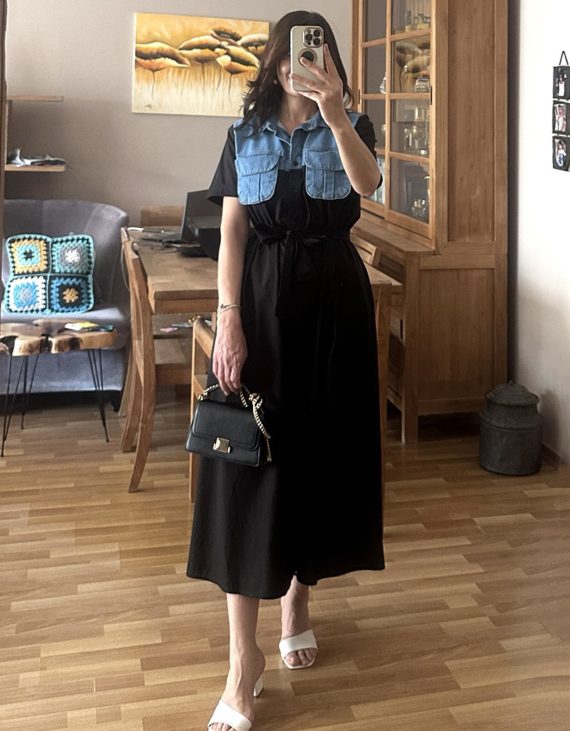 Üst Kısmı Deniem-Kot Detaylı Önü Komple Düğmeli Siyah Tasarım Tok Poplin Elbise