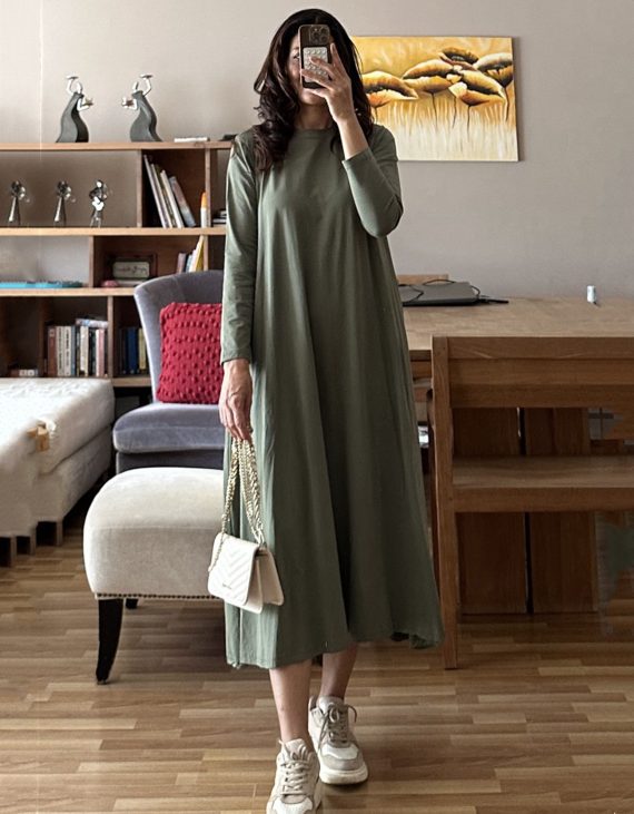 Kurtarıcı Orijinal Marka Pamuklu Uzun Kollu Haki Renk Penye Elbise