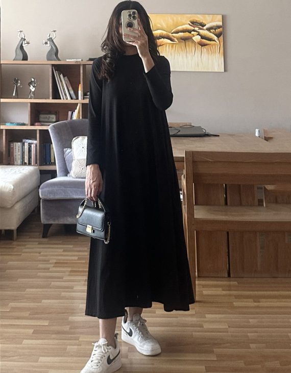 Kurtarıcı Orijinal Marka Pamuklu Uzun Kollu Siyah Penye Elbise