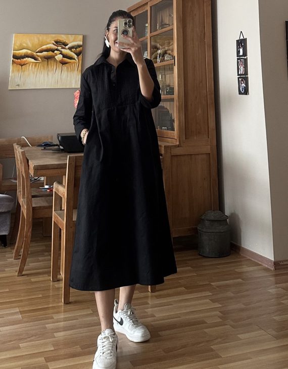 Zarif Önü Pilise Ve Yarım Düğme Detaylı Fakir Kol Siyah Pamuk Koton Elbise Ya da Tunik